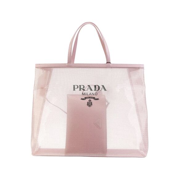 Prada Rete Paillettes Mesh Sequin Logo Large Shopping Tote Hand Bag & Pouch Pink - Picture 3 of 10